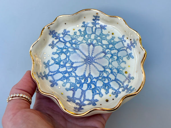 Blue Snowflake Ceramic Jewelry Dish with Gold Accents