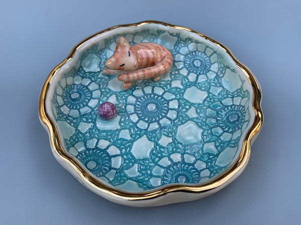 Orange Tabby Cat Jewelry Dish, Ceramic Dish with Gold Accents