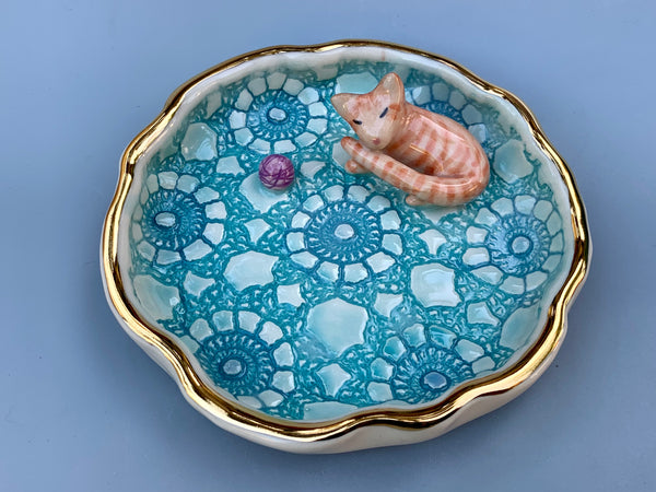 Orange Tabby Cat Jewelry Dish, Ceramic Dish with Gold Accents