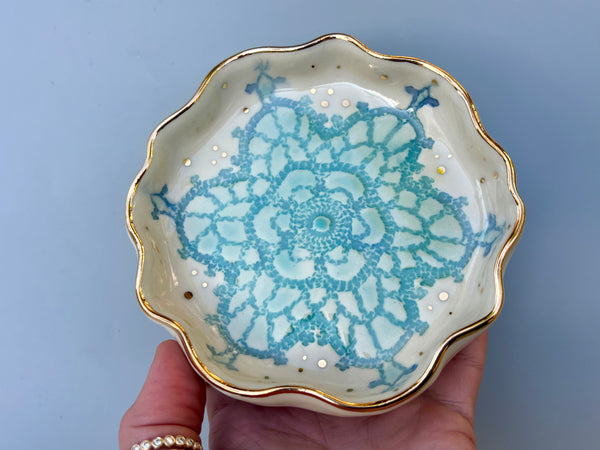 Turquoise Snowflake Ceramic Jewelry Dish with Gold Accents