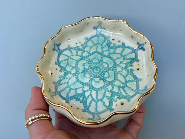 Turquoise Snowflake Ceramic Jewelry Dish with Gold Accents