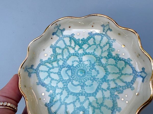 Turquoise Snowflake Ceramic Jewelry Dish with Gold Accents