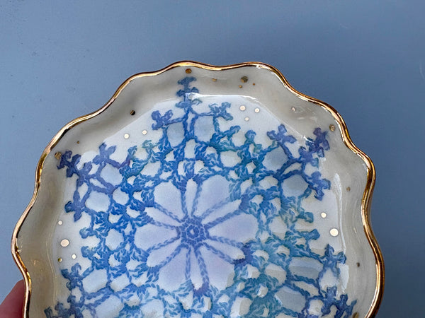 Blue Snowflake Ceramic Jewelry Dish with Gold Accents