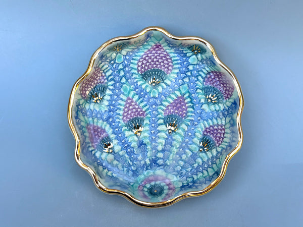 Peacock Lace Ceramic Jewelry Holder, Ceramic Dish with Gold Accents