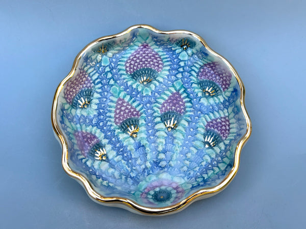 Peacock Lace Ceramic Jewelry Holder, Ceramic Dish with Gold Accents