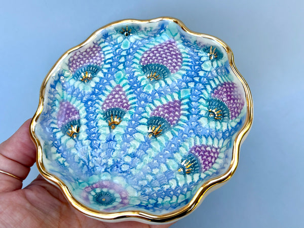 Peacock Lace Ceramic Jewelry Holder, Ceramic Dish with Gold Accents