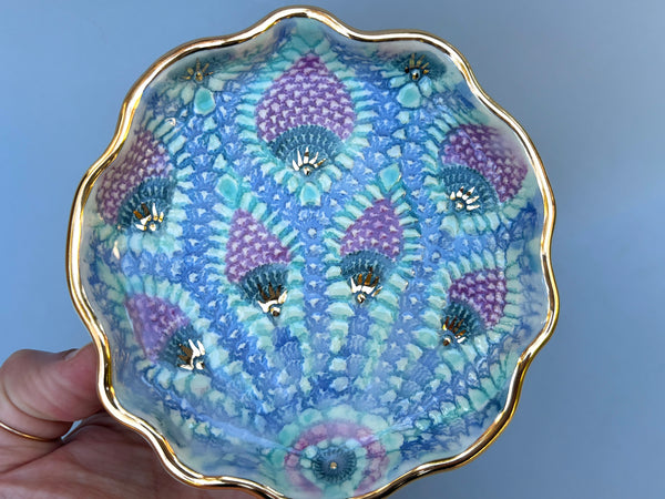 Peacock Lace Ceramic Jewelry Holder, Ceramic Dish with Gold Accents