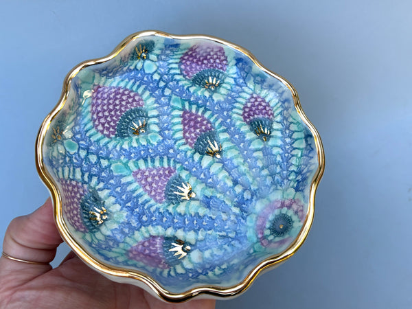 Peacock Lace Ceramic Jewelry Holder, Ceramic Dish with Gold Accents