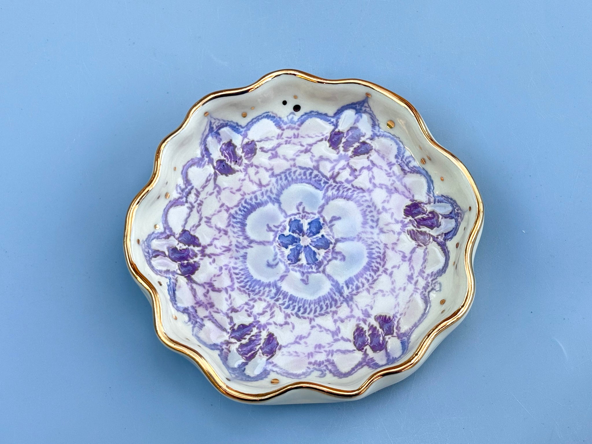 Purple Snowflake Ceramic Jewelry Dish with Gold Accents