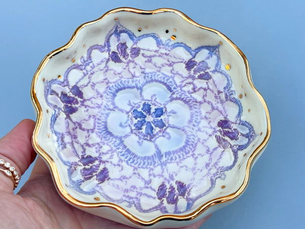 Purple Snowflake Ceramic Jewelry Dish with Gold Accents