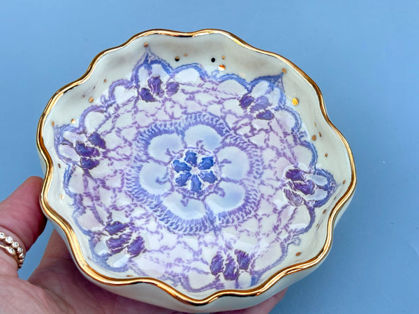 Purple Snowflake Ceramic Jewelry Dish with Gold Accents