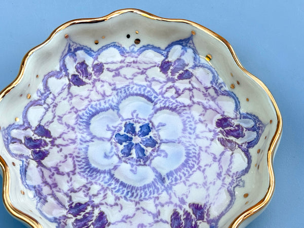 Purple Snowflake Ceramic Jewelry Dish with Gold Accents