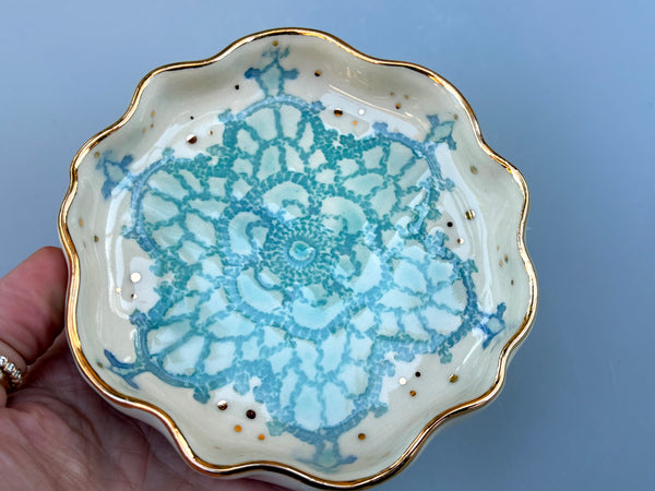 Turquoise Snowflake Ceramic Jewelry Dish with Gold Accents