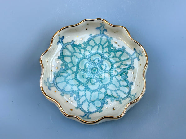 Turquoise Snowflake Ceramic Jewelry Dish with Gold Accents