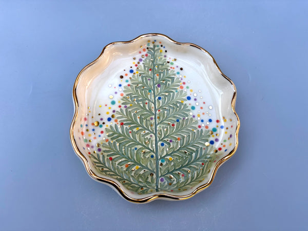 Christmas Tree Jewelry Holder, Ceramic Dish with Gold Accents