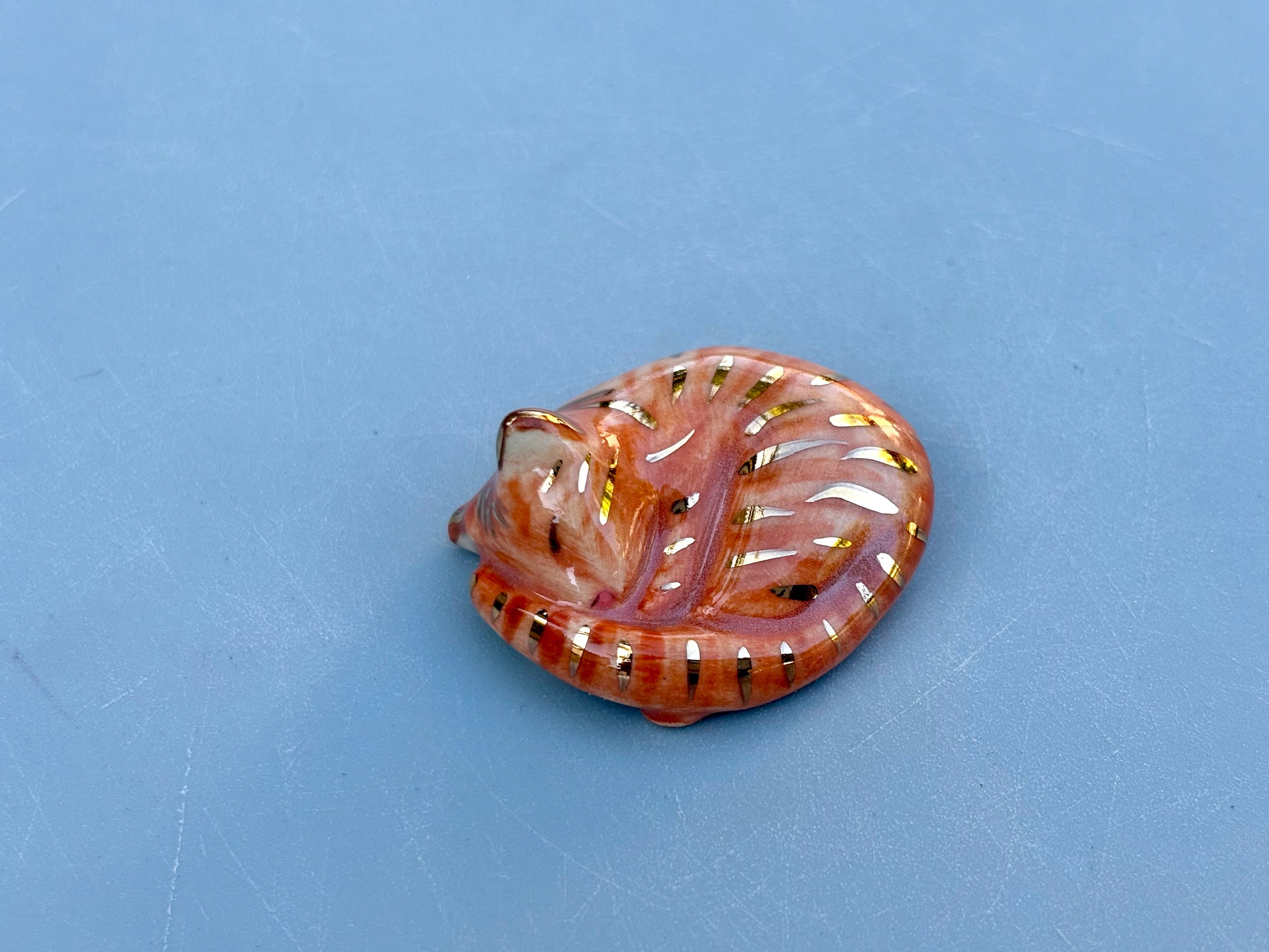 Tiny Guardian: Ginger Tabby Cat Figurine Ceramic Sculpture with 22kt gold