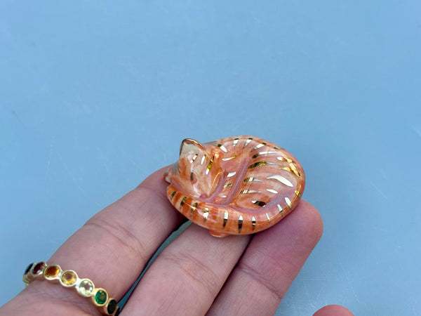 Tiny Guardian: Ginger Tabby Cat Figurine Ceramic Sculpture with 22kt gold