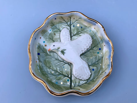 White Dove in Evergreen, Ceramic Jewelry Dish