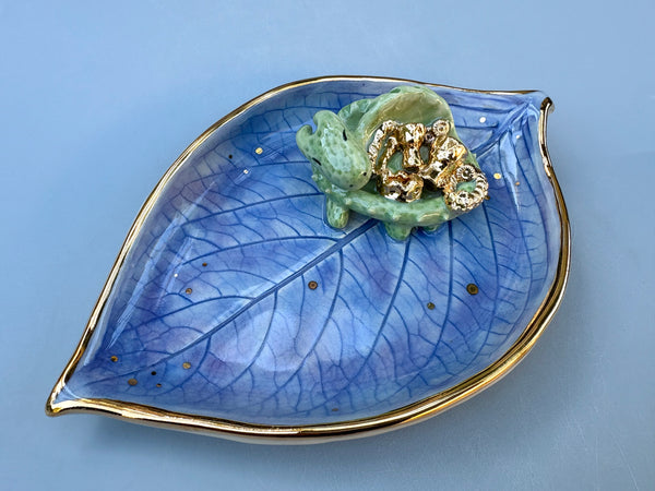 Sleeping Dragon on Hydrangea Leaf Jewelry Holder,  Ceramic Dish with Gold Accents