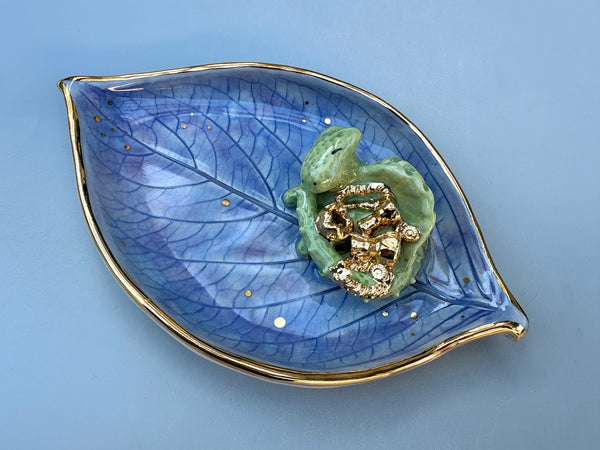 Sleeping Dragon on Hydrangea Leaf Jewelry Holder,  Ceramic Dish with Gold Accents