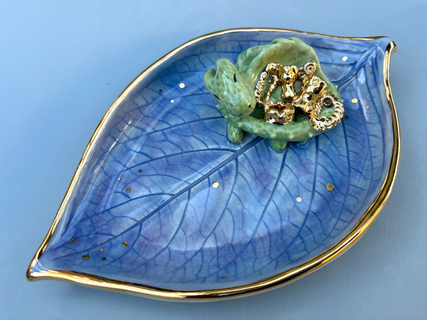 Sleeping Dragon on Hydrangea Leaf Jewelry Holder,  Ceramic Dish with Gold Accents