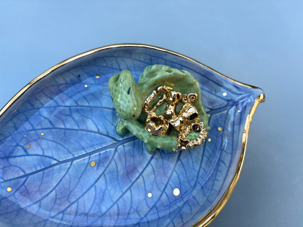 Sleeping Dragon on Hydrangea Leaf Jewelry Holder,  Ceramic Dish with Gold Accents