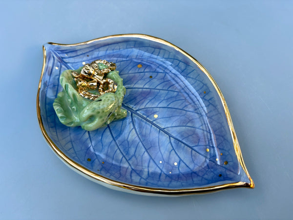 Sleeping Dragon on Hydrangea Leaf Jewelry Holder,  Ceramic Dish with Gold Accents