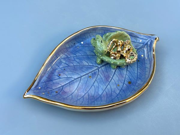 Sleeping Dragon on Hydrangea Leaf Jewelry Holder,  Ceramic Dish with Gold Accents