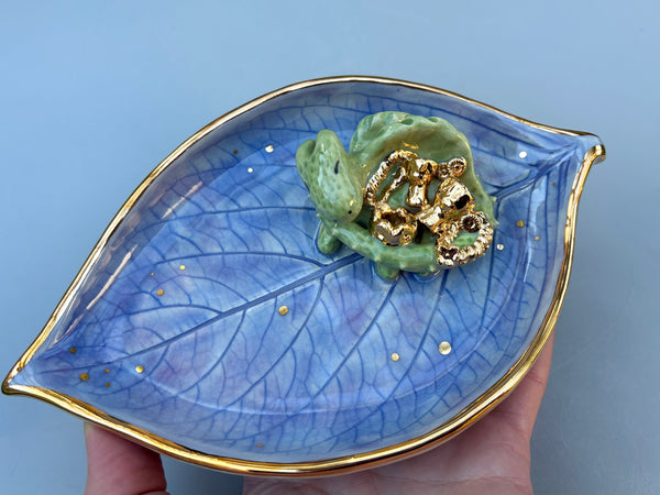 Sleeping Dragon on Hydrangea Leaf Jewelry Holder,  Ceramic Dish with Gold Accents