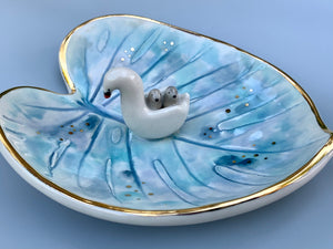 Swan Mama and Babies, Ceramic Leaf Dish with Swan and Cygnets on Sparkling Pond