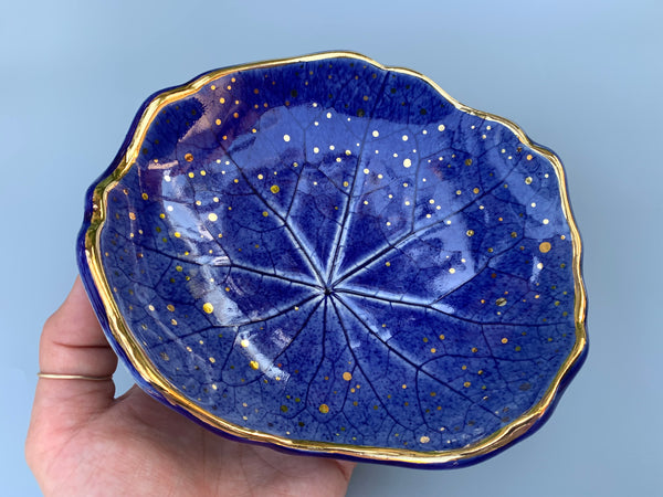 Large Blue Ceramic Leaf Dish with Gold Accents, Nasturtium