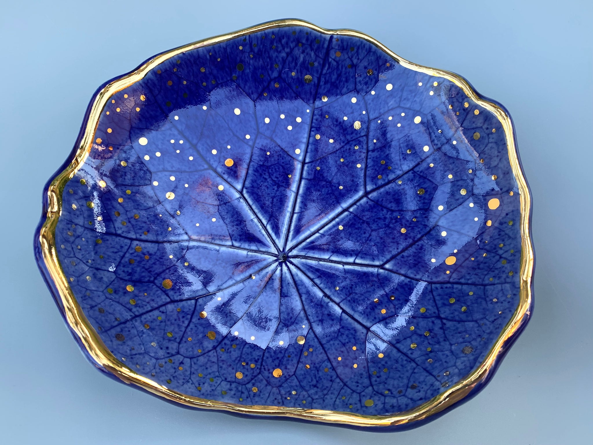Large Blue Ceramic Leaf Dish with Gold Accents, Nasturtium