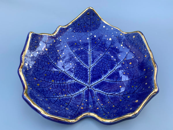 Large Cobalt Blue Grape Leaf Ceramic Dish with Gold Accents