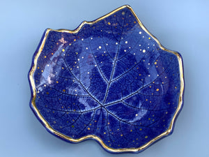 Large Cobalt Blue Grape Leaf Ceramic Dish with Gold Accents