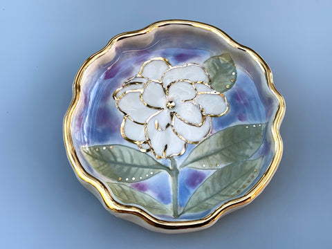 White Gardenia Jewelry Holder, Ceramic Dish with Flower Imprint