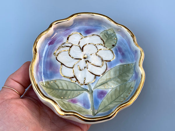 White Gardenia Jewelry Holder, Ceramic Dish with Flower Imprint
