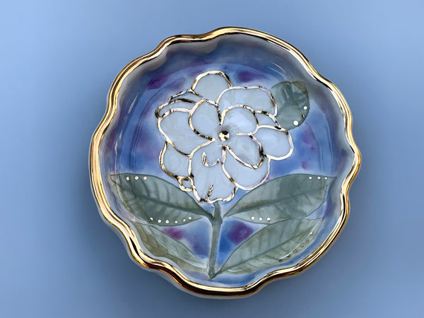 White Gardenia Jewelry Holder, Ceramic Dish with Flower Imprint