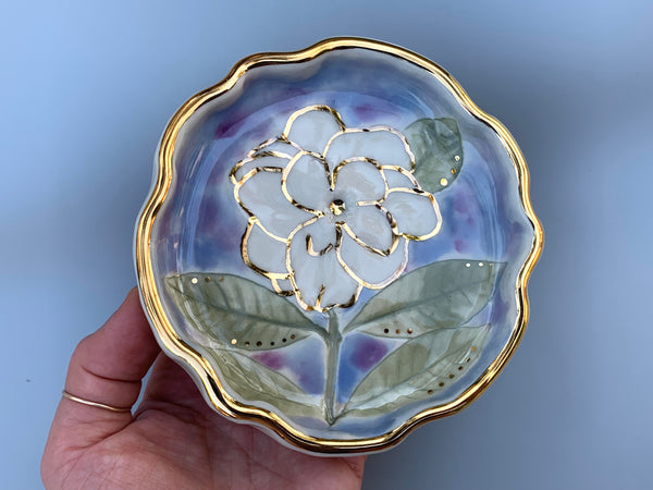 White Gardenia Jewelry Holder, Ceramic Dish with Flower Imprint