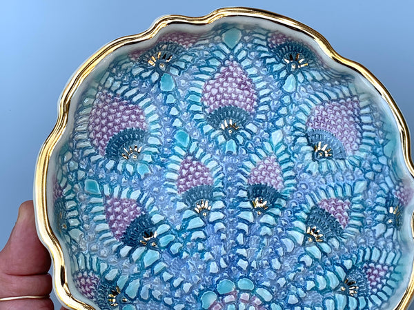 Large Peacock Lace Ceramic Jewelry Dish with Gold Accents
