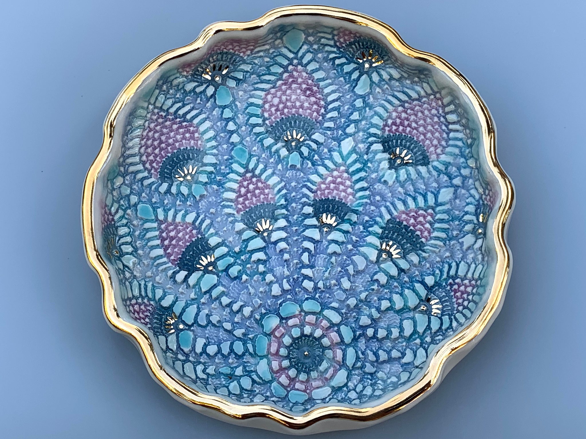 Large Peacock Lace Ceramic Jewelry Dish with Gold Accents