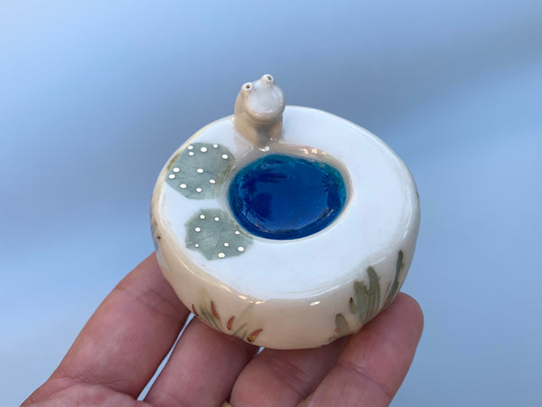 Ring Pedestal with Crystal Blue Pond, Lily Pads, and Tiny Frog