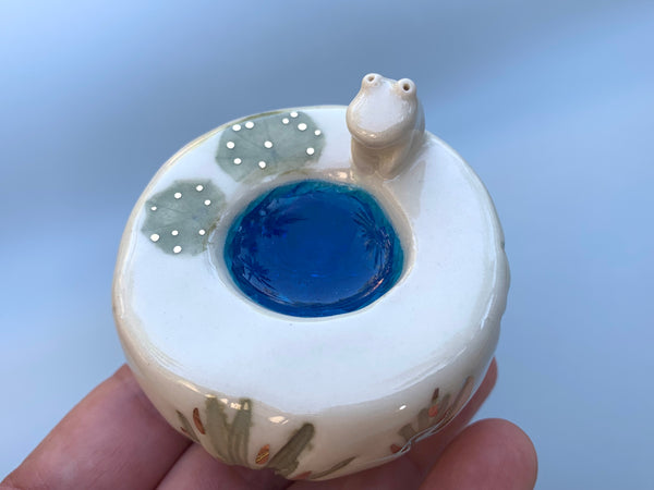 Ring Pedestal with Crystal Blue Pond, Lily Pads, and Tiny Frog