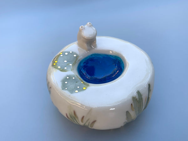 Ring Pedestal with Crystal Blue Pond, Lily Pads, and Tiny Frog
