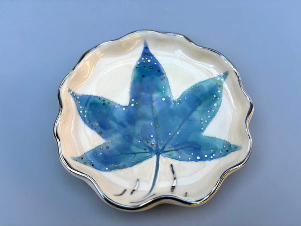 Frozen Winter Leaf Jewelry Dish, Icy Blue Leaf Ceramic with Silver Accent - Vuvu Ceramics