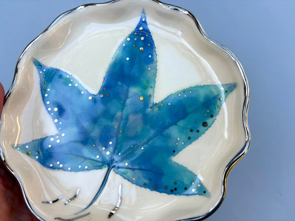 Frozen Winter Leaf Jewelry Dish, Icy Blue Leaf Ceramic with Silver Accent - Vuvu Ceramics