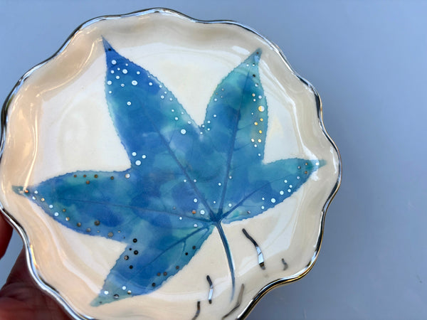 Frozen Winter Leaf Jewelry Dish, Icy Blue Leaf Ceramic with Silver Accent - Vuvu Ceramics
