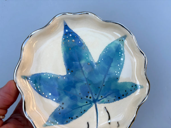 Frozen Winter Leaf Jewelry Dish, Icy Blue Leaf Ceramic with Silver Accent - Vuvu Ceramics