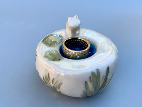 Ring Pedestal with Crystal Blue Pond, Lily Pads, and Tiny Frog