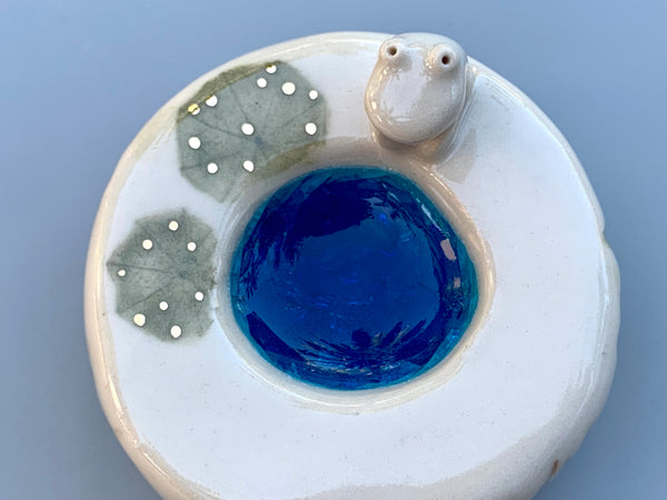Ring Pedestal with Crystal Blue Pond, Lily Pads, and Tiny Frog
