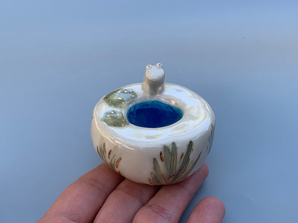 Ring Pedestal with Crystal Blue Pond, Lily Pads, and Tiny Frog
